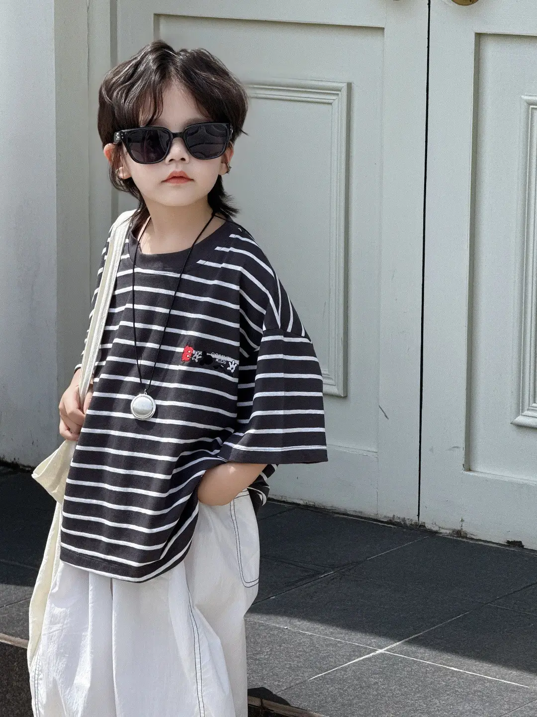 2025 Summer Boys Striped T-Shirt Loose Wide Short Sleeve — feature 1