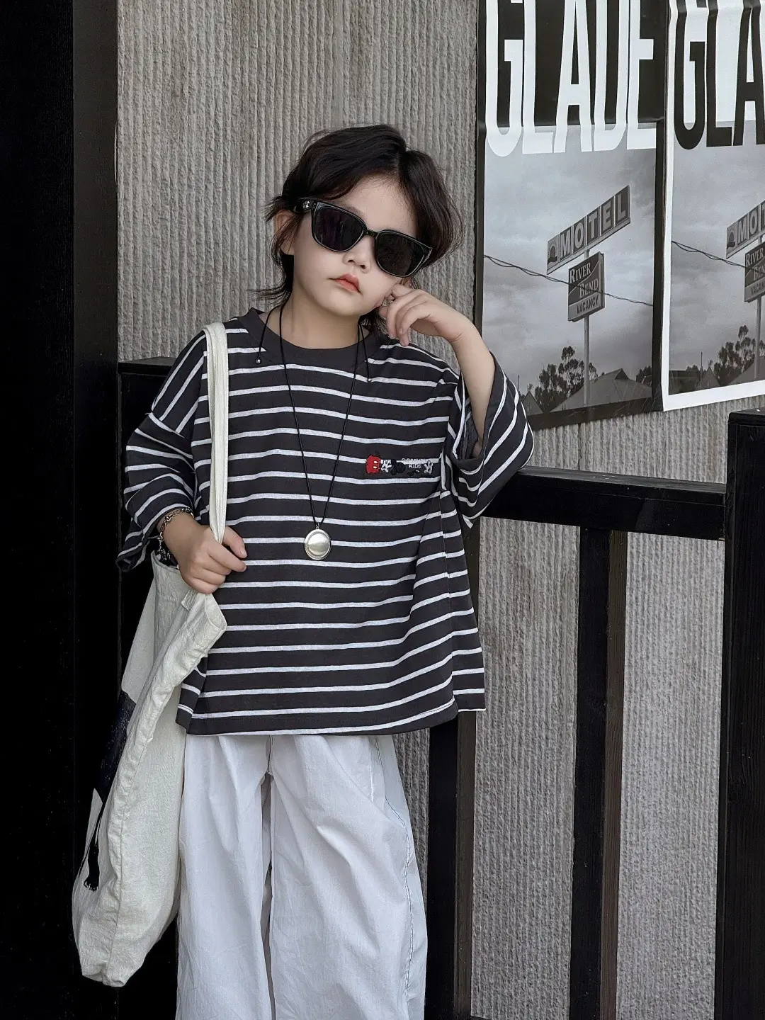 2025 Summer Boys Striped T-Shirt Loose Wide Short Sleeve — feature 8