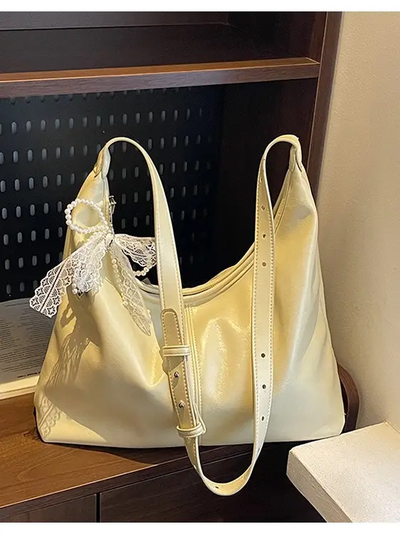 Women's Creamy Underarm Bag with Lace Bow - Image 6