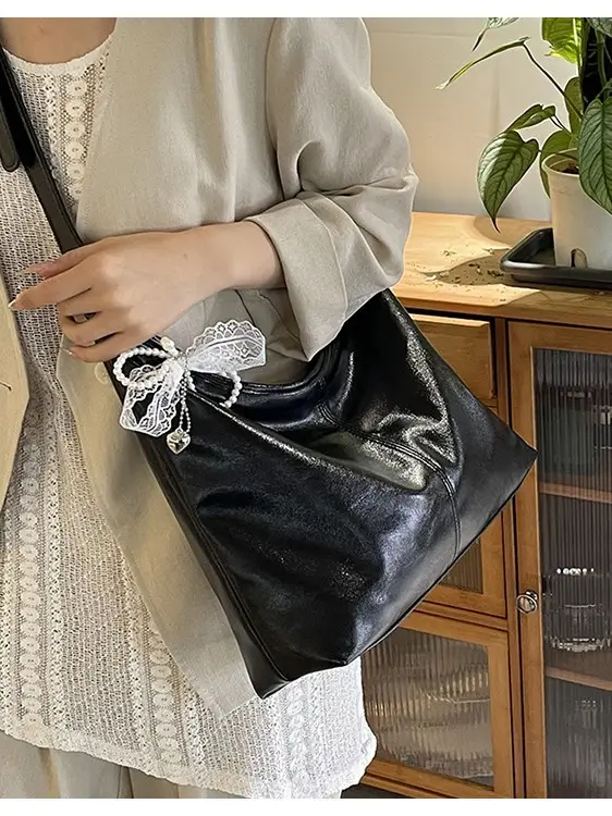 Women's Creamy Underarm Bag with Lace Bow - Image 9