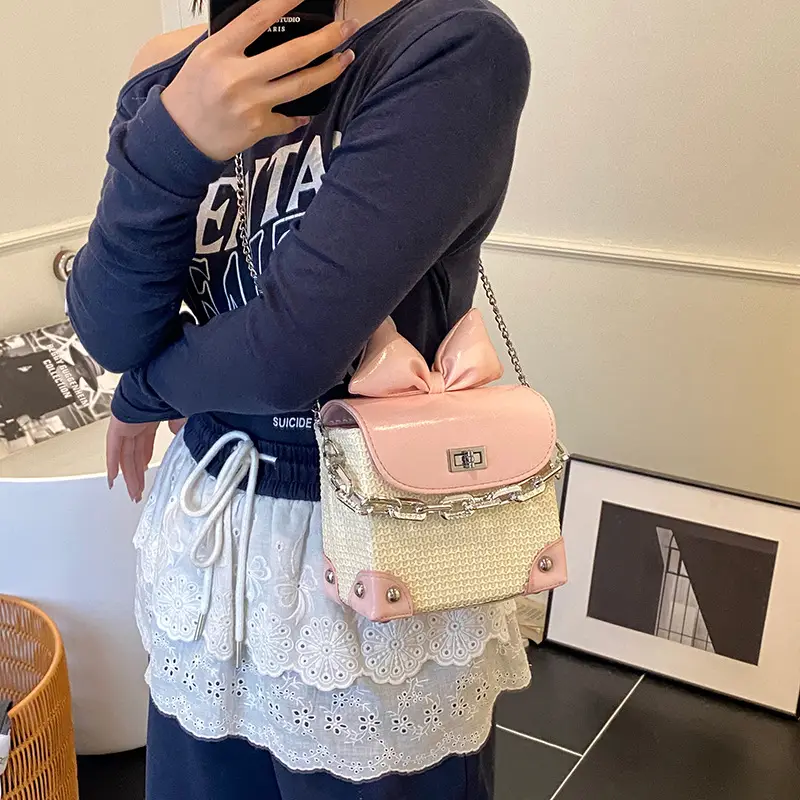 Women's Yellow Bow Shoulder Bag with Chain Crossbody - Image 9