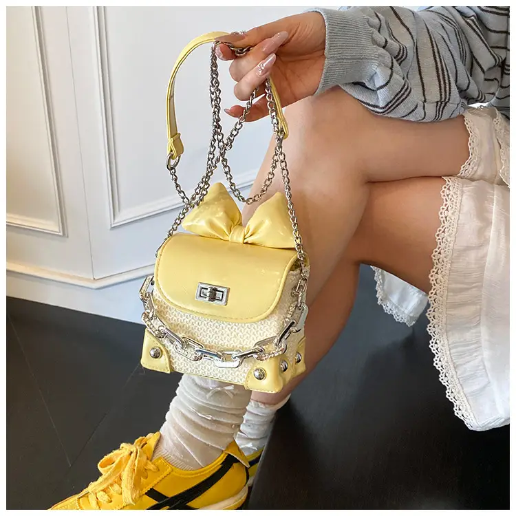 Women's Yellow Bow Shoulder Bag with Chain Crossbody — feature 21
