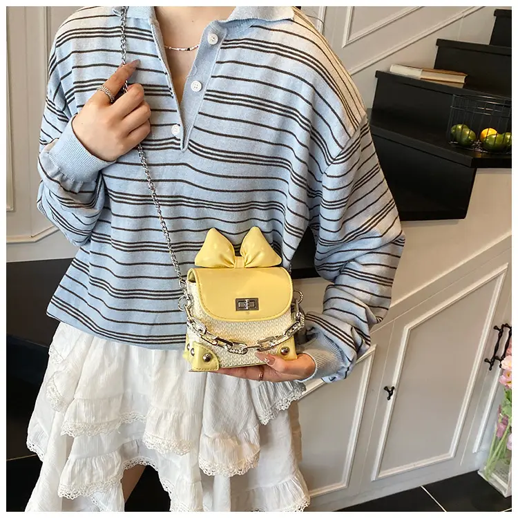 Women's Yellow Bow Shoulder Bag with Chain Crossbody — feature 23