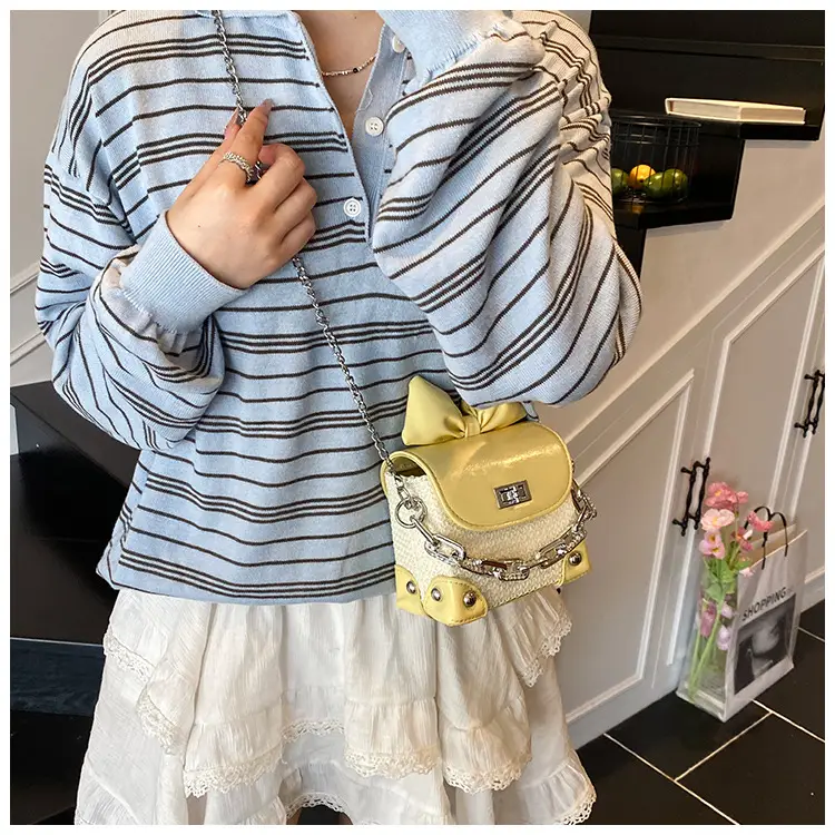 Women's Yellow Bow Shoulder Bag with Chain Crossbody — feature 24