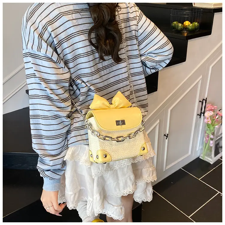Women's Yellow Bow Shoulder Bag with Chain Crossbody — feature 27