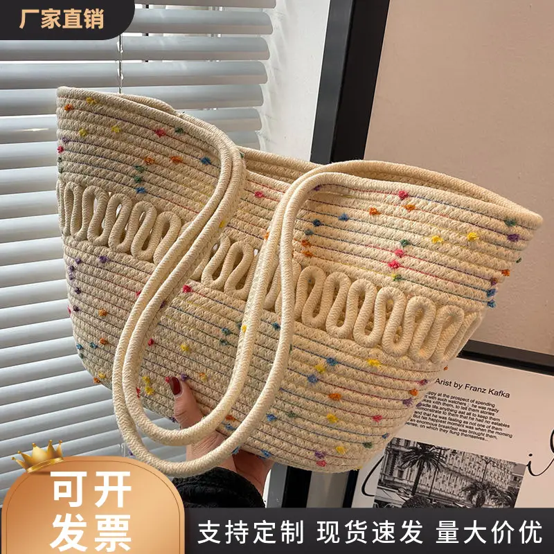 French Straw Shoulder Bag Large Capacity Cotton Woven Blue Bottom - Image 2