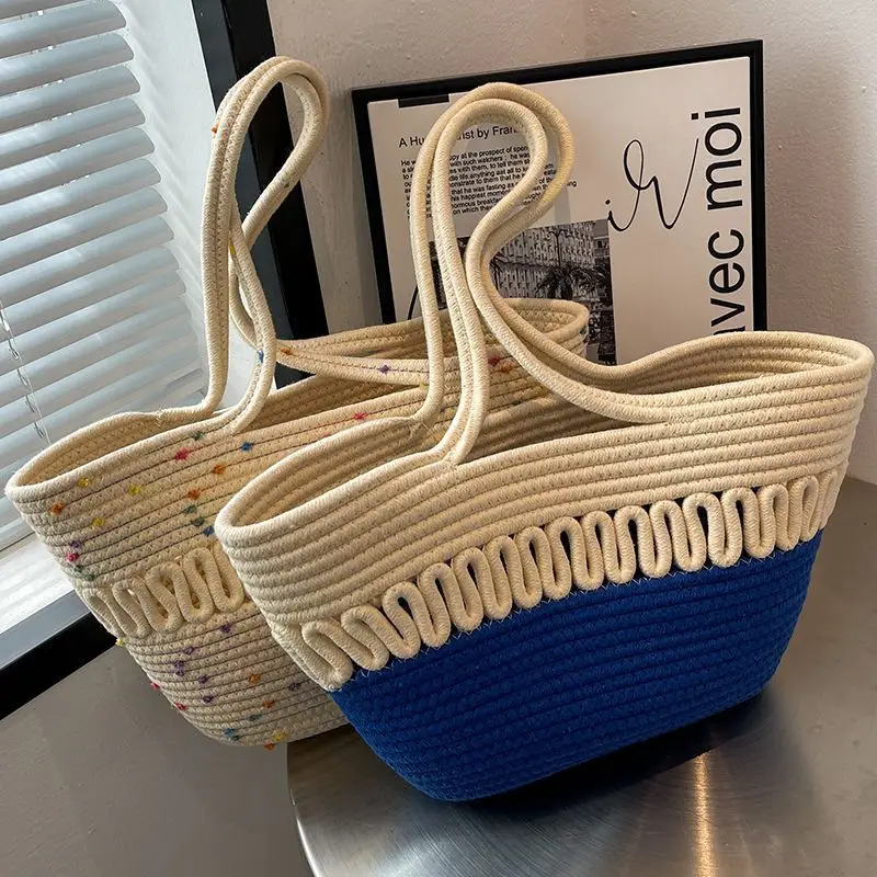 French Straw Shoulder Bag Large Capacity Cotton Woven Blue Bottom - Image 3
