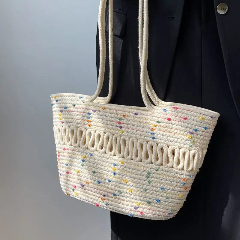 French Straw Shoulder Bag Large Capacity Cotton Woven Blue Bottom - Image 5