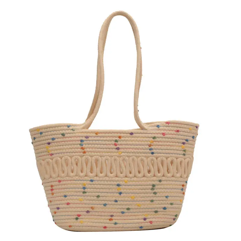 French Straw Shoulder Bag Large Capacity Cotton Woven Blue Bottom - Image 6