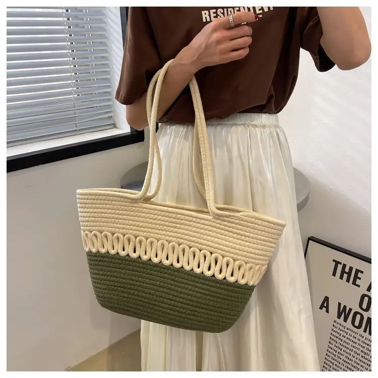 French Straw Shoulder Bag Large Capacity Cotton Woven Blue Bottom — feature 10