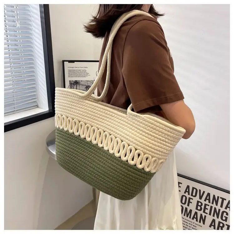 French Straw Shoulder Bag Large Capacity Cotton Woven Blue Bottom — feature 11