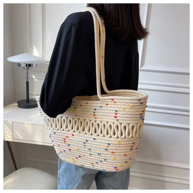 French Straw Shoulder Bag Large Capacity Cotton Woven Blue Bottom — feature 12