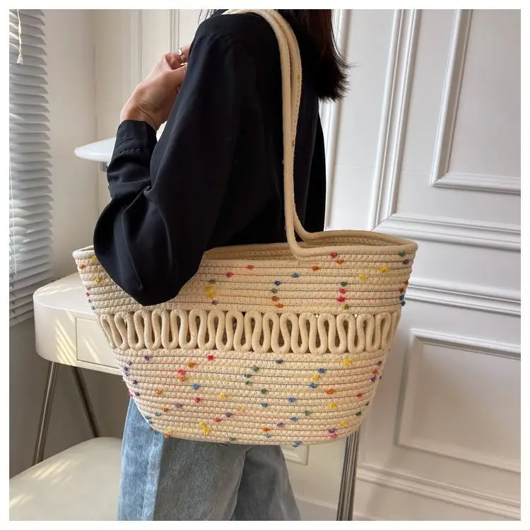 French Straw Shoulder Bag Large Capacity Cotton Woven Blue Bottom — feature 14