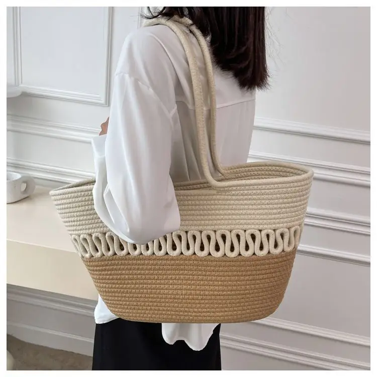 French Straw Shoulder Bag Large Capacity Cotton Woven Blue Bottom — feature 16