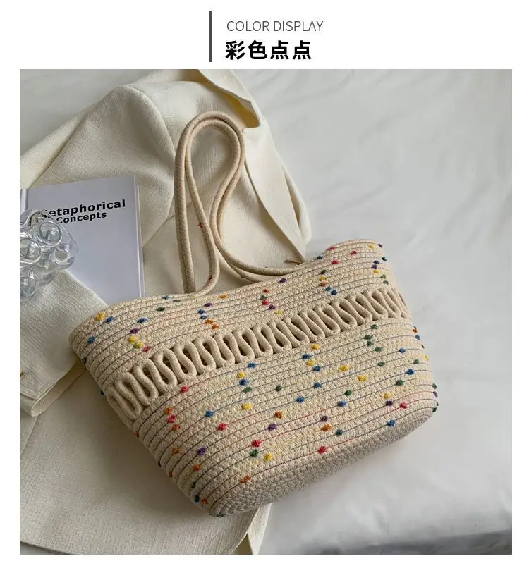 French Straw Shoulder Bag Large Capacity Cotton Woven Blue Bottom — feature 21
