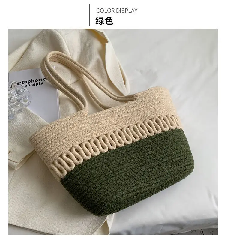 French Straw Shoulder Bag Large Capacity Cotton Woven Blue Bottom — feature 23