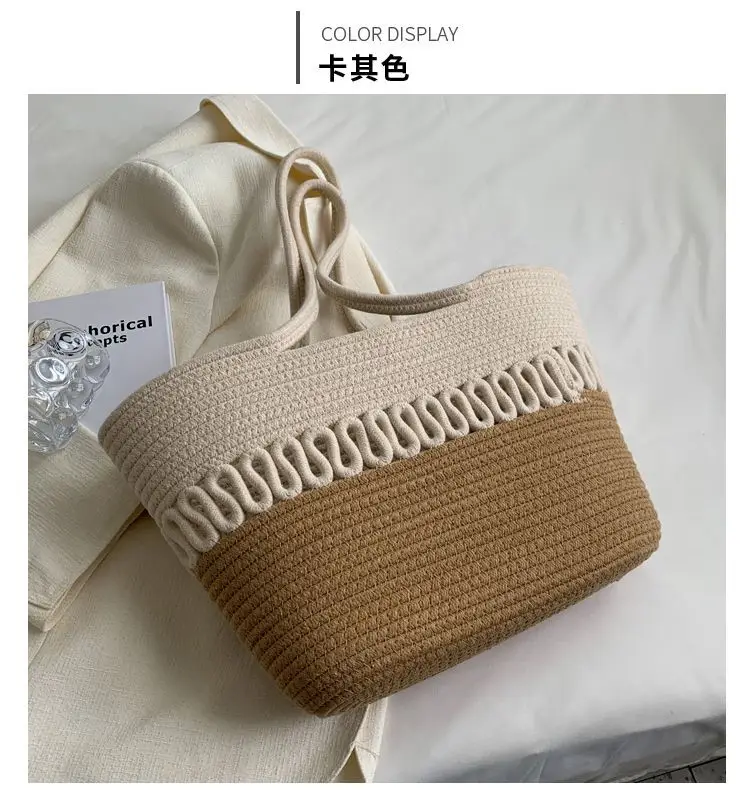 French Straw Shoulder Bag Large Capacity Cotton Woven Blue Bottom — feature 24