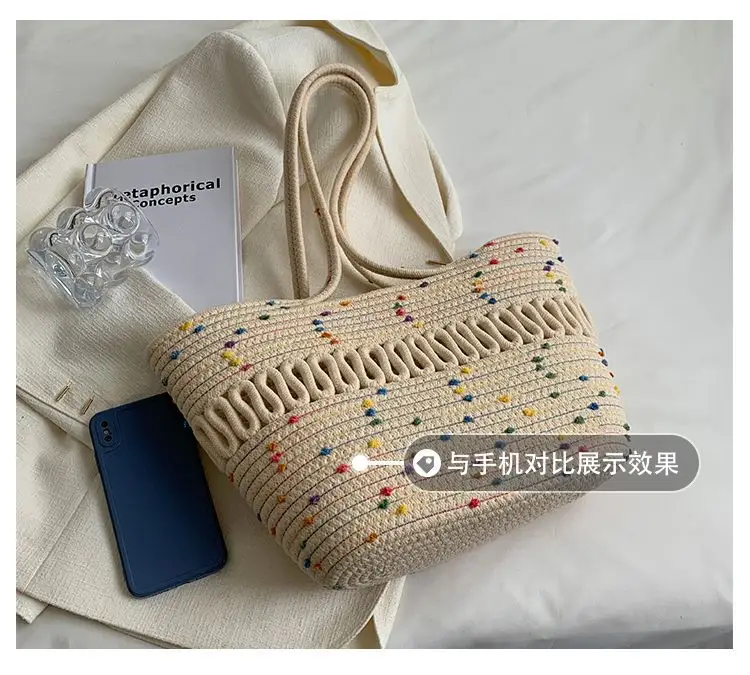 French Straw Shoulder Bag Large Capacity Cotton Woven Blue Bottom — feature 7