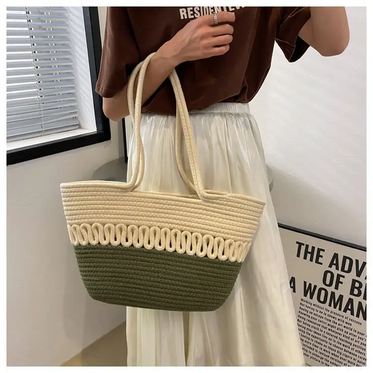 French Straw Shoulder Bag Large Capacity Cotton Woven Blue Bottom — feature 8