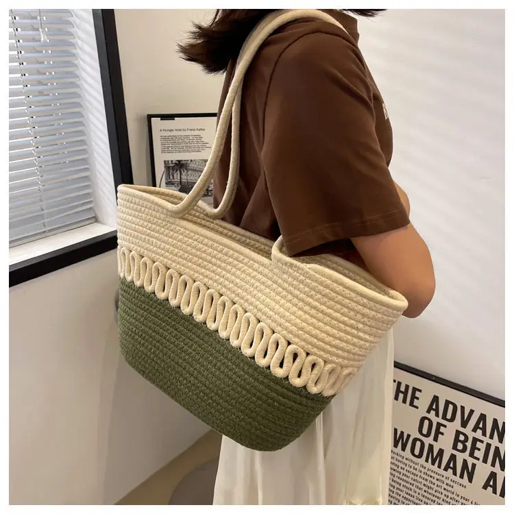 French Straw Shoulder Bag Large Capacity Cotton Woven Blue Bottom — feature 9