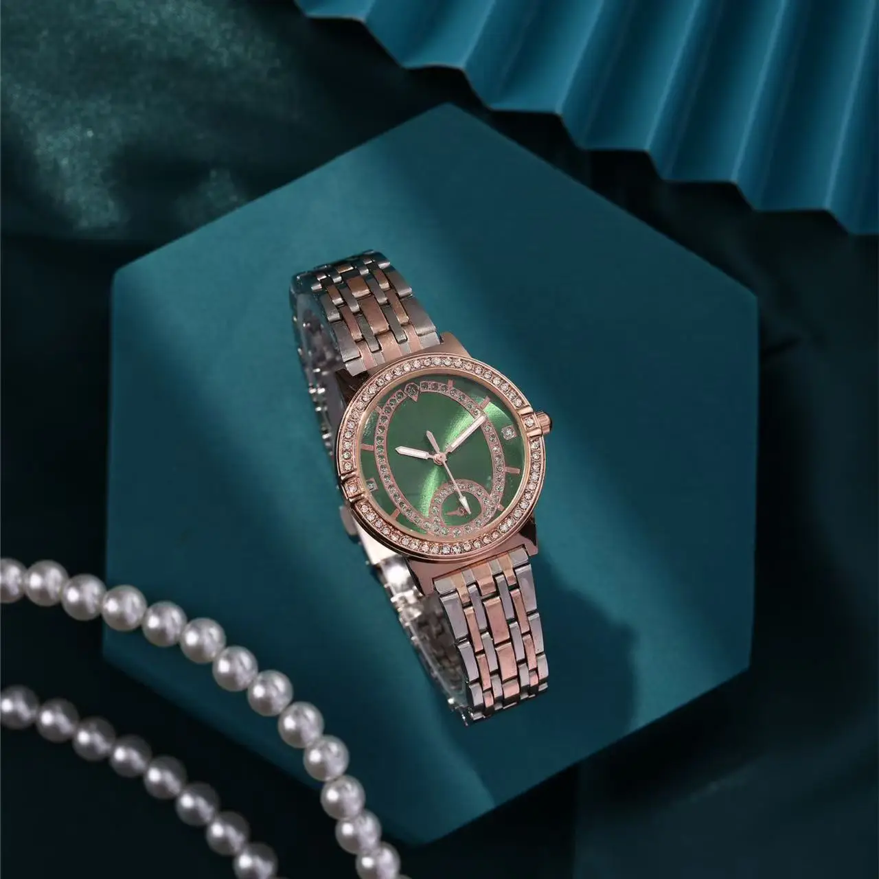 Women's Round Gold Watch with Diamond Inlay - Image 7