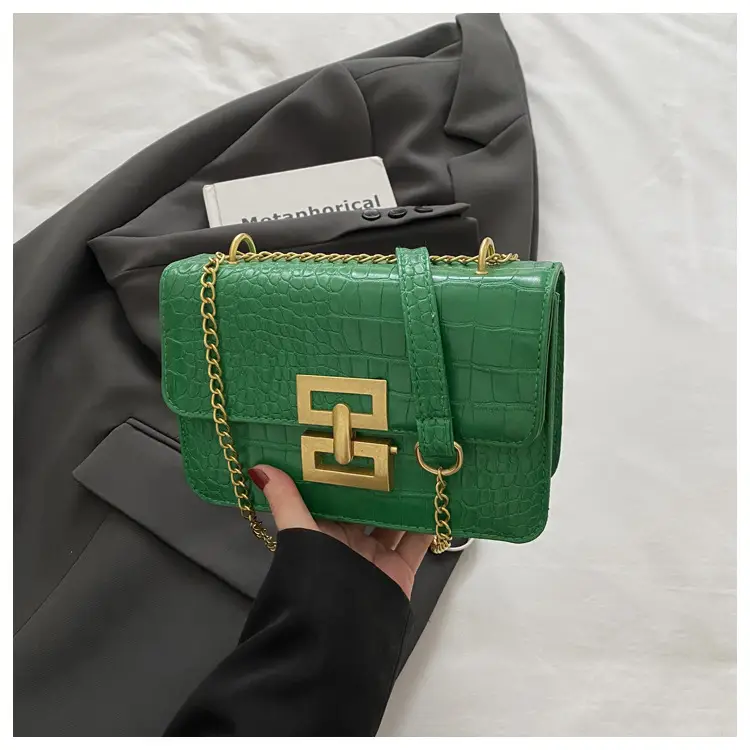 Green Crocodile Leather Chain Crossbody Bag for Women
