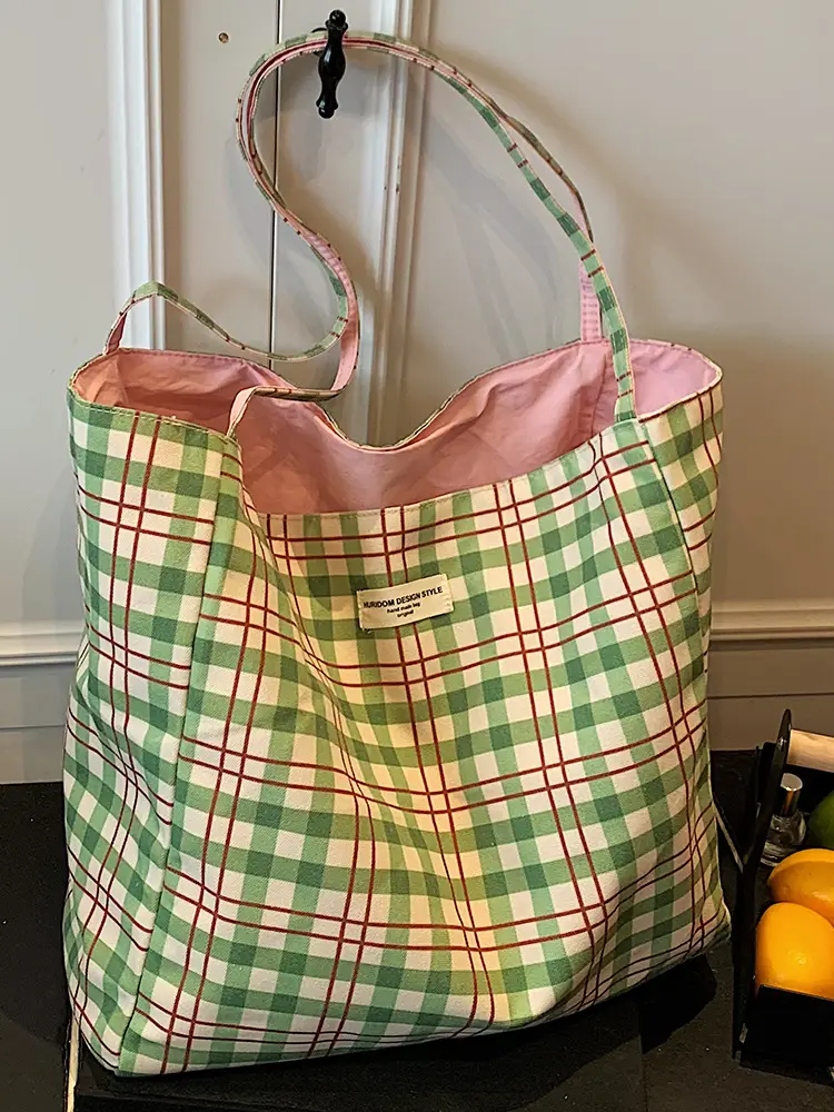 2025 Green Plaid Women's Lazy Style Large Capacity Bag - Image 4