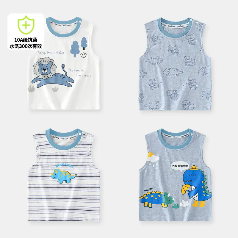 2025 New Boys Sleeveless T-Shirt Striped Blue Elephant Print - Image 5
