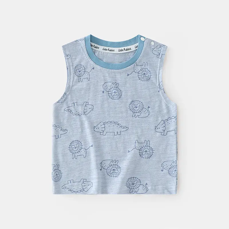 2025 New Boys Sleeveless T-Shirt Striped Blue Elephant Print - Image 2