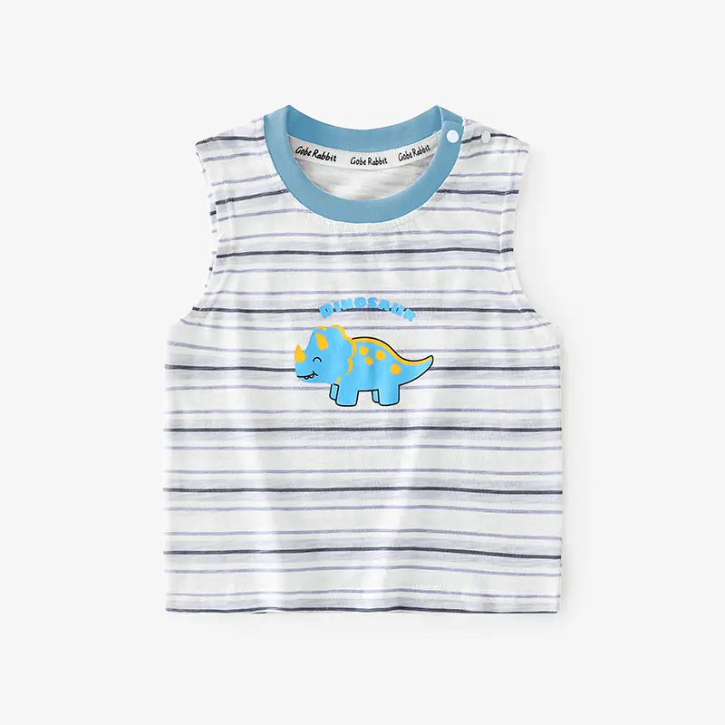 2025 New Boys Sleeveless T-Shirt Striped Blue Elephant Print - Image 3