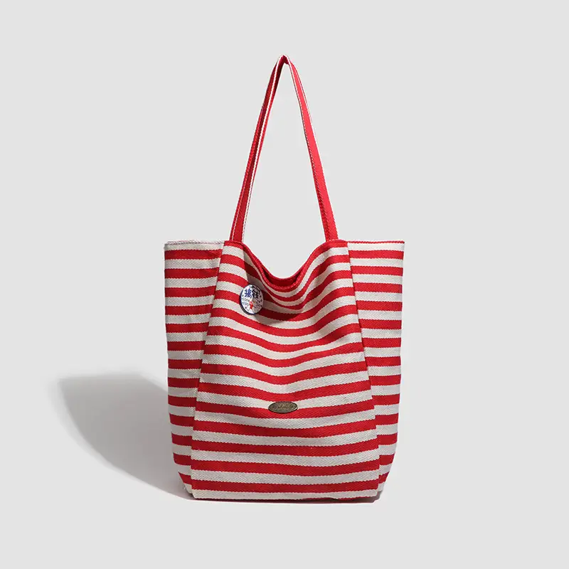 Women Striped Canvas Shoulder Tote Bag Large Capacity Red White - Image 8