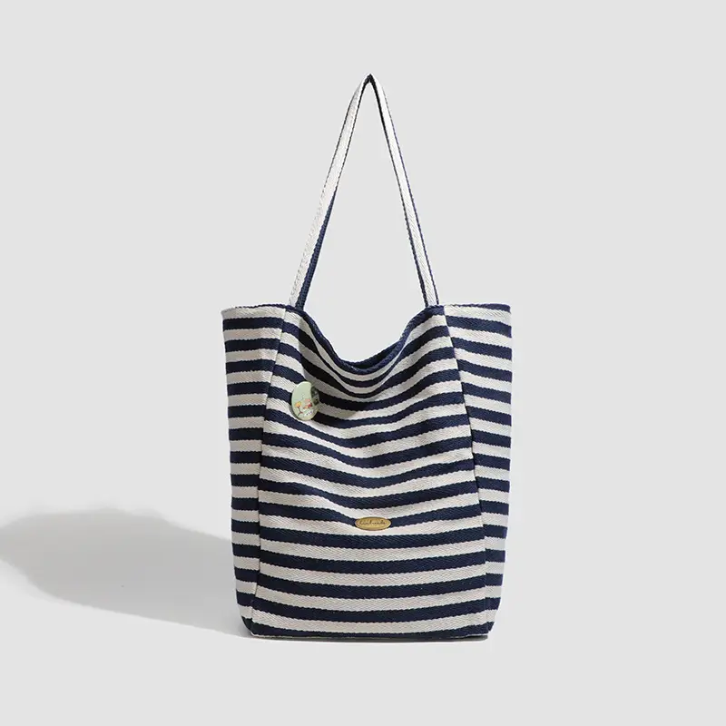 Women Striped Canvas Shoulder Tote Bag Large Capacity Red White - Image 9