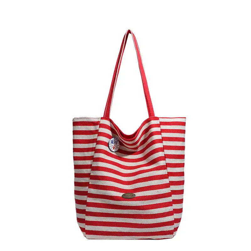 Women Striped Canvas Shoulder Tote Bag Large Capacity Red White - Image 12