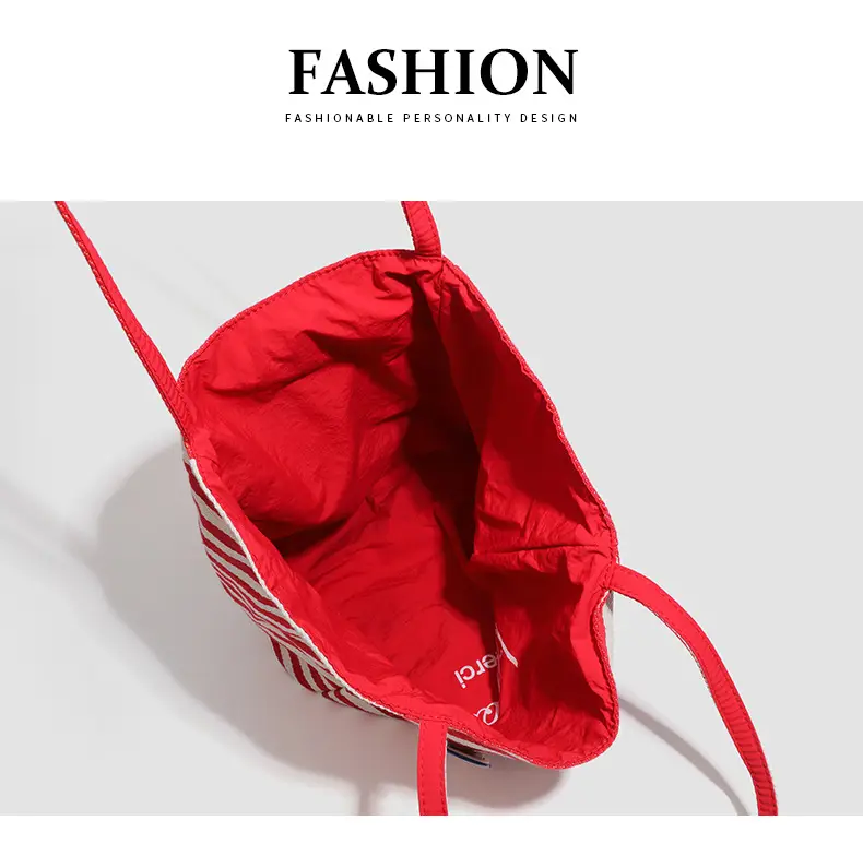 Women Striped Canvas Shoulder Tote Bag Large Capacity Red White — feature 11