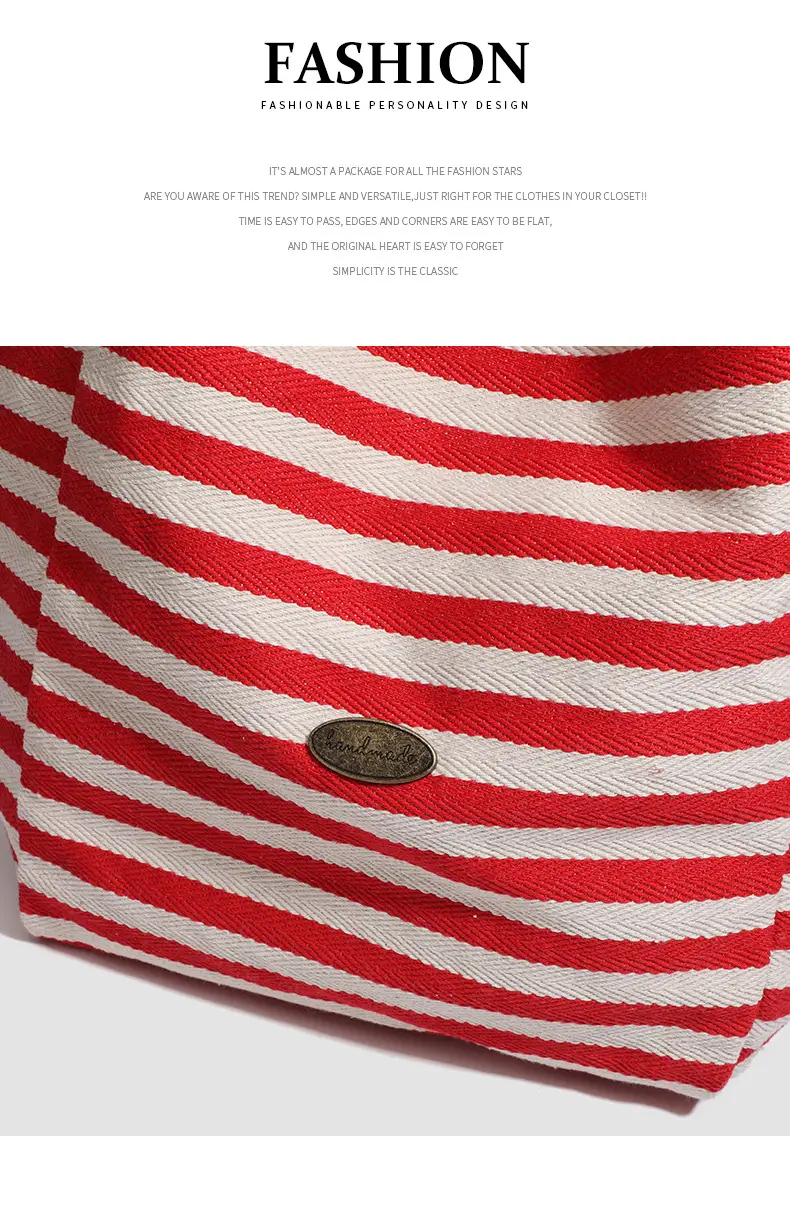 Women Striped Canvas Shoulder Tote Bag Large Capacity Red White — feature 14