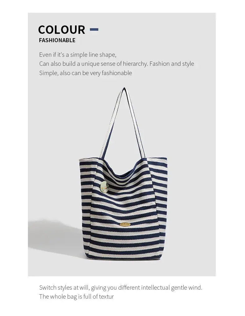 Women Striped Canvas Shoulder Tote Bag Large Capacity Red White — feature 16