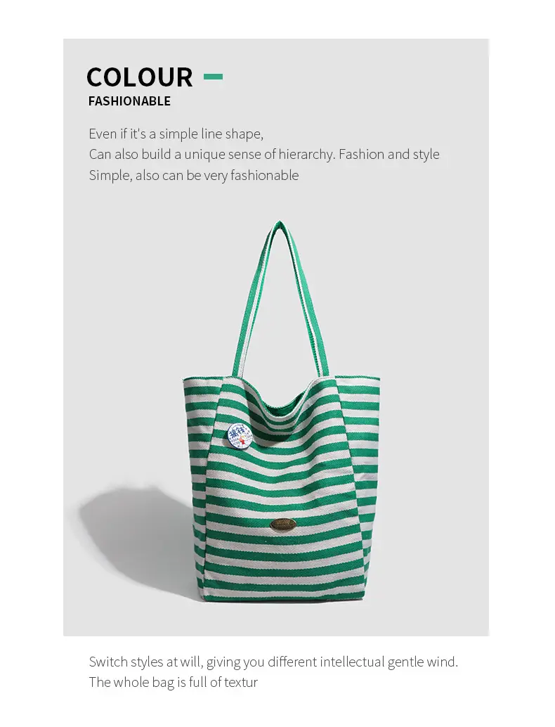 Women Striped Canvas Shoulder Tote Bag Large Capacity Red White — feature 17