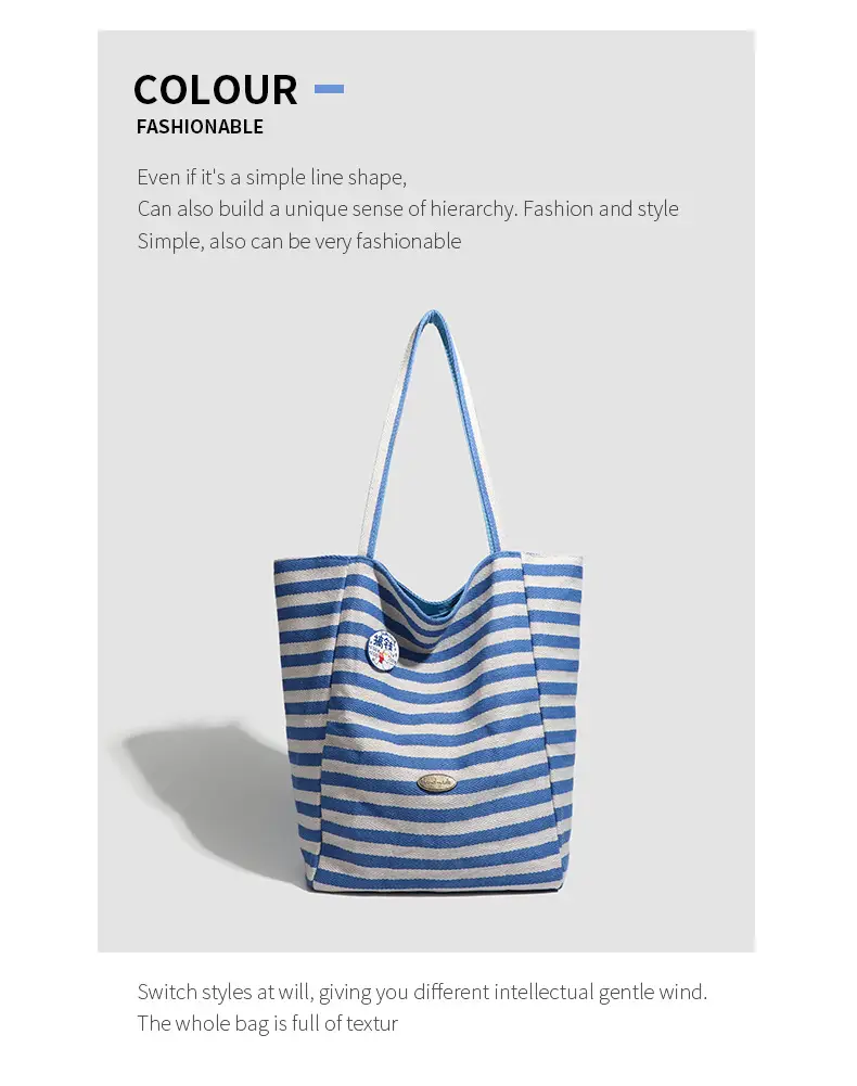 Women Striped Canvas Shoulder Tote Bag Large Capacity Red White — feature 18
