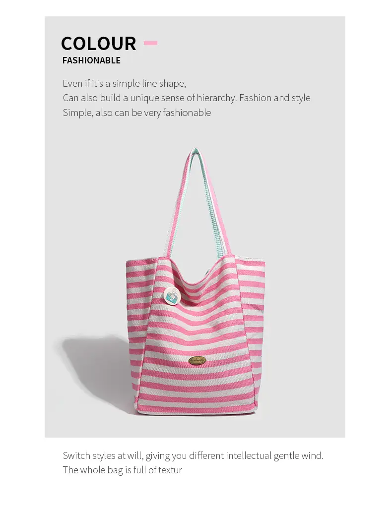 Women Striped Canvas Shoulder Tote Bag Large Capacity Red White — feature 19