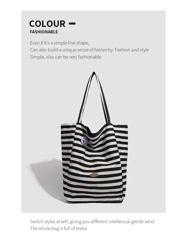 Women Striped Canvas Shoulder Tote Bag Large Capacity Red White — feature 20