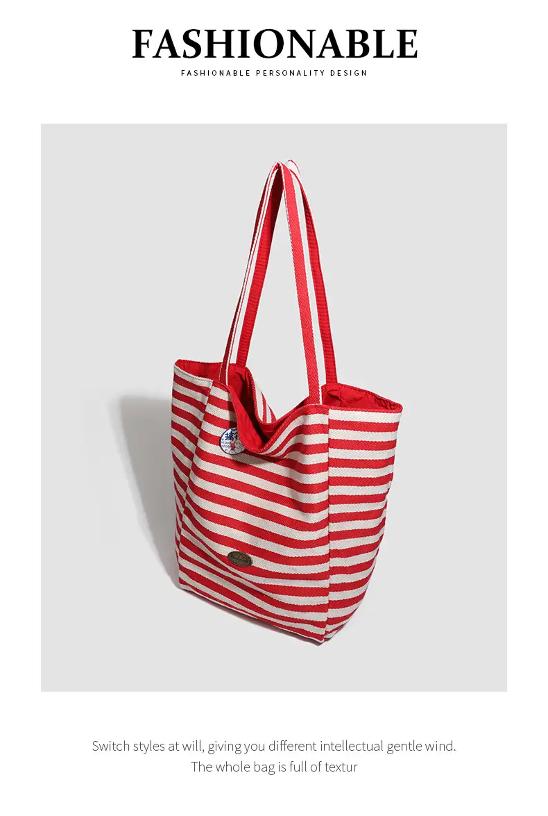 Women Striped Canvas Shoulder Tote Bag Large Capacity Red White — feature 22