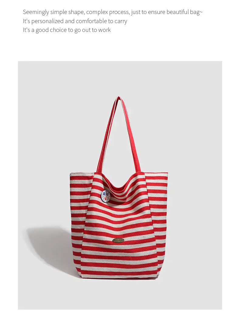 Women Striped Canvas Shoulder Tote Bag Large Capacity Red White — feature 24