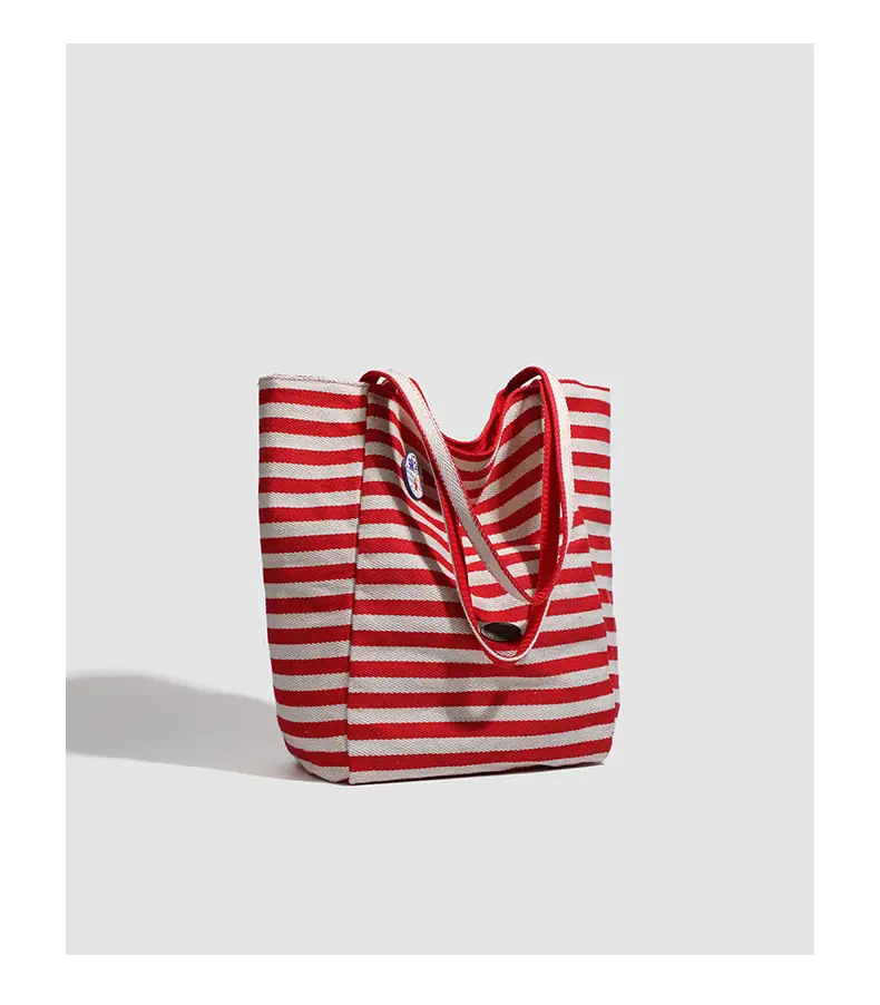 Women Striped Canvas Shoulder Tote Bag Large Capacity Red White — feature 25