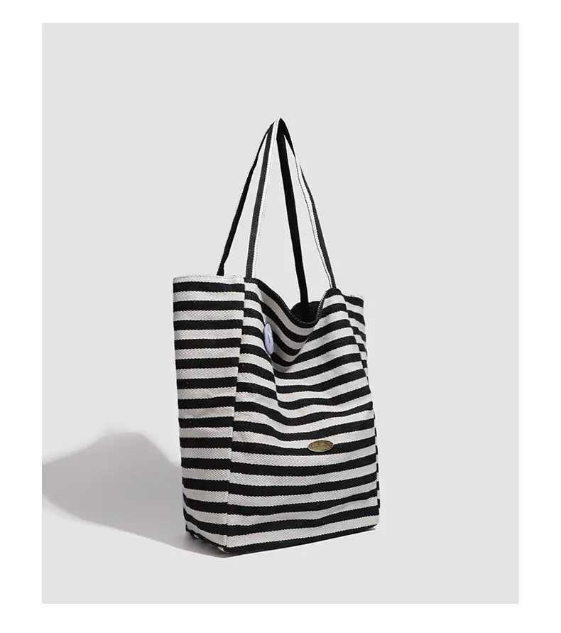 Women Striped Canvas Shoulder Tote Bag Large Capacity Red White — feature 32