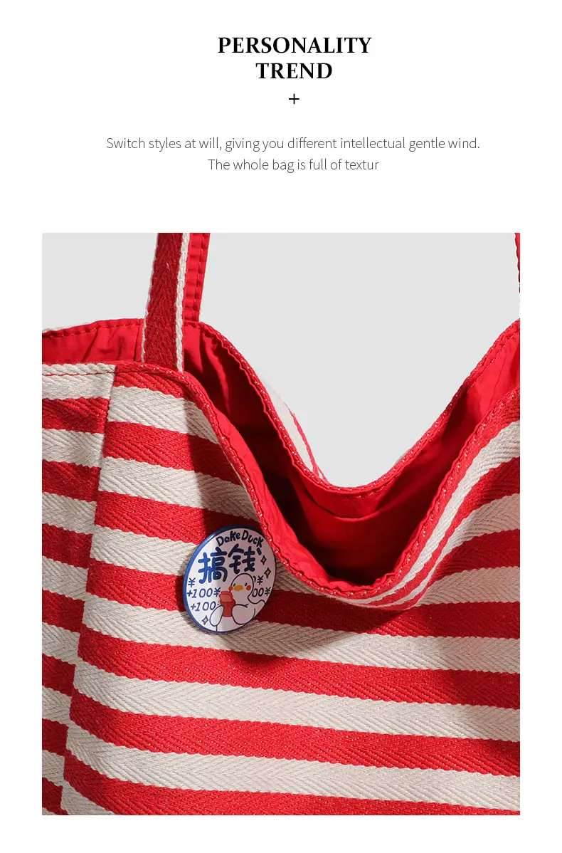 Women Striped Canvas Shoulder Tote Bag Large Capacity Red White — feature 34