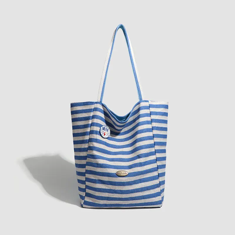 Women Striped Canvas Shoulder Tote Bag Large Capacity Red White - Image 2