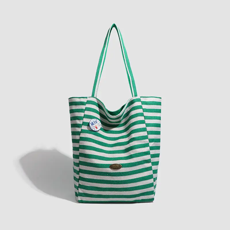 Women Striped Canvas Shoulder Tote Bag Large Capacity Red White - Image 3