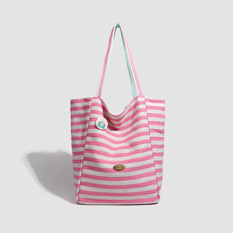 Women Striped Canvas Shoulder Tote Bag Large Capacity Red White - Image 5