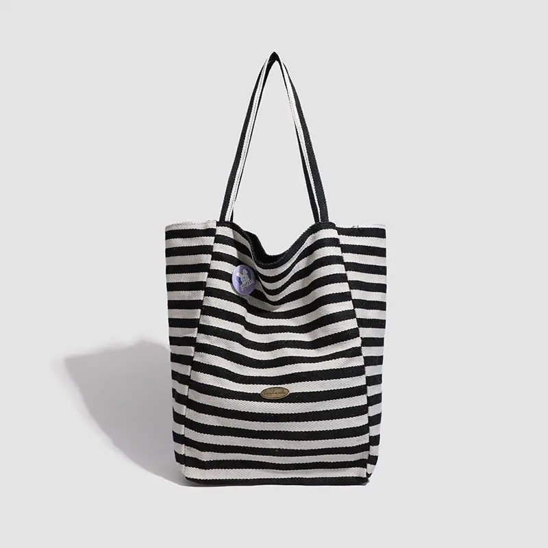 Women Striped Canvas Shoulder Tote Bag Large Capacity Red White - Image 6