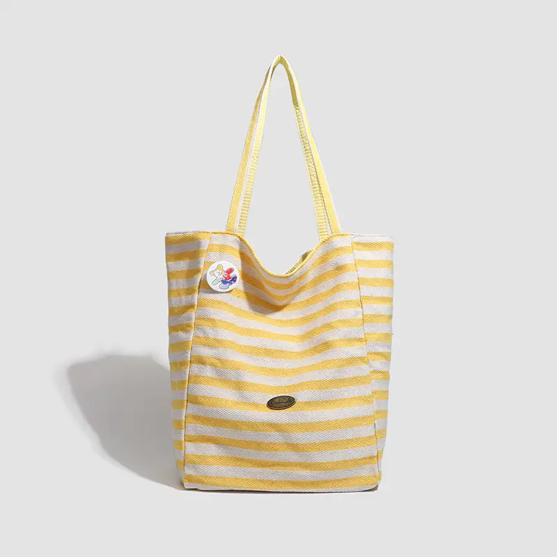 Women Striped Canvas Shoulder Tote Bag Large Capacity Red White - Image 7